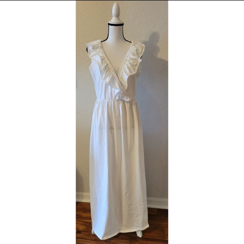 White Ruffle V Neck Maxi Dress